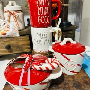 Rae Dunn Candy cans stripped Cheese Brie Baker and croc with 2 Christmas mugs